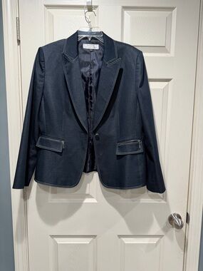 Tahari Dark Navy Single-Button Women's Blazer with Contrast Stitching